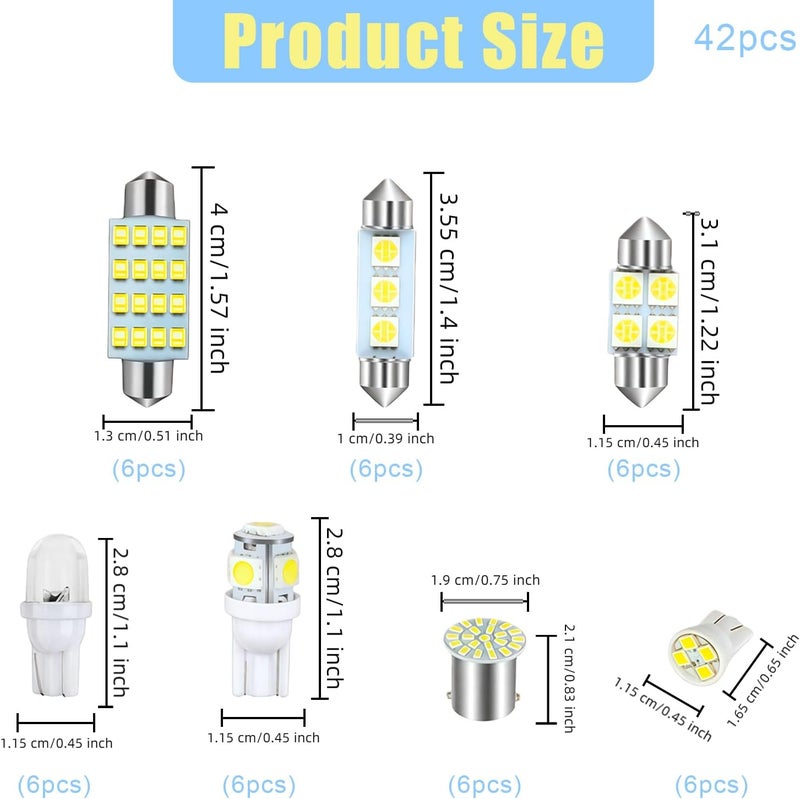 AMZAUTO LED Lights for Car 42 PCS Bright White Interior LED Bulbs Kit, T10 31mm 36mm 41mm Reading License Plate Light, Plug and Play for Car Interior Indoor Map Dome Side Marker Bulbs - Image 2